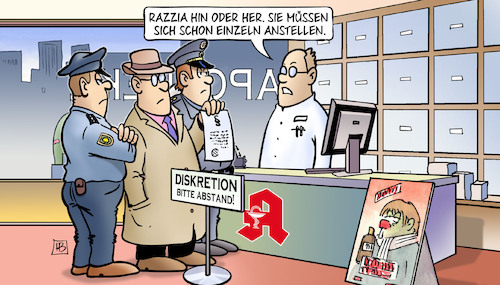 Cartoon: Paxlovid-Razzia (medium) by Harm Bengen tagged razzia,paxlovid,corona,pandemie,verkauf,apotheke,betrug,polizei,diskretion,harm,bengen,cartoon,karikatur,razzia,paxlovid,corona,pandemie,verkauf,apotheke,betrug,polizei,diskretion,harm,bengen,cartoon,karikatur