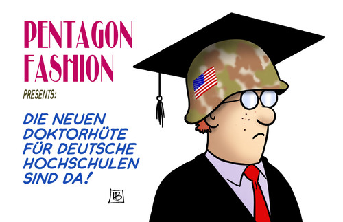 Cartoon: Pentagon Fashion (medium) by Harm Bengen tagged pentagon,usa,verteidigungsministerium,fashion,doktorhuete,doktorhut,deutsche,hochschulen,universitaet,rüstung,forschung,finanzierung,geld,harm,bengen,cartoon,karikatur,pentagon,usa,verteidigungsministerium,fashion,doktorhuete,doktorhut,deutsche,hochschulen,universitaet,rüstung,forschung,finanzierung,geld,harm,bengen,cartoon,karikatur