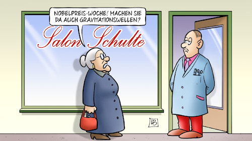 Cartoon: Physik-Nobelpreis (medium) by Harm Bengen tagged physik,nobelpreis,woche,gravitationswellen,frisoer,susemil,harm,bengen,cartoon,karikatur,physik,nobelpreis,woche,gravitationswellen,frisoer,susemil,harm,bengen,cartoon,karikatur