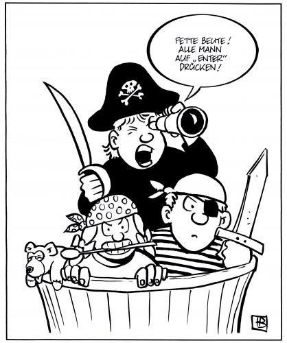 Cartoon: Piraten (medium) by Harm Bengen tagged piraten,enter,computer,kinder,beute,spiel,kindheit,eingabe,entern,freubeuter,seeräuber,tastatur,taste,rechner,pc,befehl,technik,drücken,entwicklung,fortschritt,hardware,interaktion,mensch,maschine,digitale medien,informationsgesellschaft,internet,steuerung,kentern,überfall,übergriff,angriff,sprache,digitale,medien