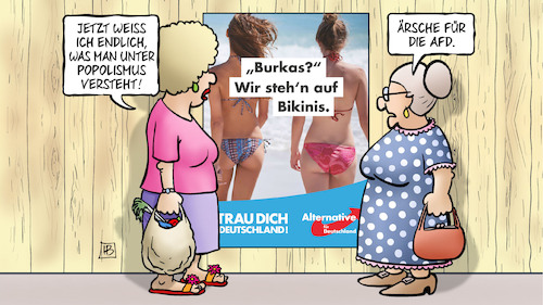 Cartoon: Popolismus (medium) by Harm Bengen tagged popolismus,populismus,afd,wahl,plakate,burka,bikini,susemil,harm,bengen,cartoon,karikatur,popolismus,populismus,afd,wahl,plakate,burka,bikini,susemil,harm,bengen,cartoon,karikatur