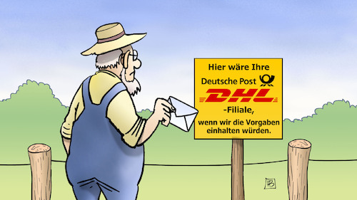 Cartoon: Postfilialenverteilung (medium) by Harm Bengen tagged postfilialenverteilung,dhl,filiale,vorgaben,brief,bauer,landwirt,harm,bengen,cartoon,karikatur,postfilialenverteilung,dhl,filiale,vorgaben,brief,bauer,landwirt,harm,bengen,cartoon,karikatur