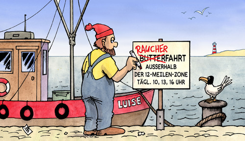 Cartoon: Raucherfahrt (medium) by Harm Bengen tagged raucherfahrt,raucher,rauchverbot,nichtraucherschutz,volksbegehren,kneipen,öffentlichkeit,verbot,verbannung,butterfahrt,kutter,boot,schiff,see,insel,meilen,zone,möwe,meer,angebot,nische,raucherfahrt,raucher,rauchverbot,volksbegehren,kneipen,öffentlichkeit,verbot,butterfahrt,kutter,boot,schiff,bayern,gesundheit