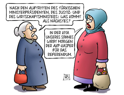 Cartoon: Referendum-Werbung (medium) by Harm Bengen tagged auftritte,türkische,ministerpräsident,justizminister,wirtschaftsministers,türkei,erdogan,referendum,kita,kasper,akp,diktatur,harm,bengen,cartoon,karikatur,auftritte,türkische,ministerpräsident,justizminister,wirtschaftsministers,türkei,erdogan,referendum,kita,kasper,akp,diktatur,harm,bengen,cartoon,karikatur