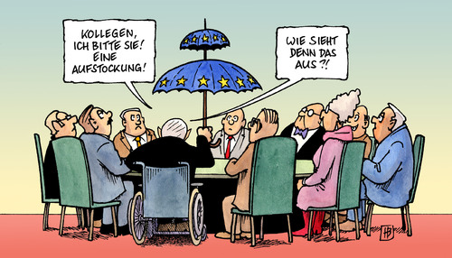 Cartoon: Rettungsschirm-Aufstockung (medium) by Harm Bengen tagged rettungsschirm,aufstockung,euro,finanzminister,schäuble,treffen,brüssel,eu,kommission,finanzen,eurokrise,trichet,barroso,rettungsschirm,aufstockung,euro,finanzminister,schäuble,treffen,brüssel,eu,kommission,finanzen,eurokrise,trichet,barroso