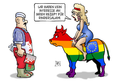 Cartoon: Rindersalami (medium) by Harm Bengen tagged rezept,rindersalami,uefa,em,regenbogen,ungarn,homophobie,schlachter,metzger,schlachten,europa,eu,stier,harm,bengen,cartoon,karikatur,rezept,rindersalami,uefa,em,regenbogen,ungarn,homophobie,schlachter,metzger,schlachten,europa,eu,stier,harm,bengen,cartoon,karikatur