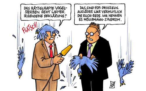 Cartoon: Ruck-Rede (medium) by Harm Bengen tagged ruckrede,ruck,rede,fdp,westerwelle,vorsitzender,kritik,abwahl,wahl,stuttgart,dreikönigstreffen,dreikönig,vogel,vogelsterben,drossel,möllemann,absturz,selbstmord,suizid,fdp,dreikönigstreffen,guido westerwelle,partei,vorsitz,chef,kritik,rede,befreiungsschlag,umfrage,guido,westerwelle