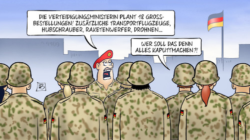 Cartoon: Rüstungsaufträge (medium) by Harm Bengen tagged verteidigungsministerin,rüstungsaufträge,grossbestellungen,transportflugzeuge,hubschrauber,raketenwerfer,drohnen,bundeswehr,soldaten,kaputtmachen,harm,bengen,cartoon,karikatur,verteidigungsministerin,rüstungsaufträge,grossbestellungen,transportflugzeuge,hubschrauber,raketenwerfer,drohnen,bundeswehr,soldaten,kaputtmachen,harm,bengen,cartoon,karikatur