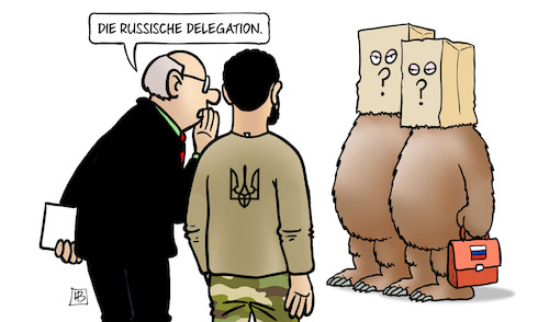 Cartoon: Russische Delegation (medium) by Harm Bengen tagged russische,delegation,istanbul,türkei,friedensgespräche,selenskyj,putin,ukraine,russland,bären,papiertüten,krieg,frieden,flüstern,harm,bengen,cartoon,karikatur,russische,delegation,istanbul,türkei,friedensgespräche,selenskyj,putin,ukraine,russland,bären,papiertüten,krieg,frieden,flüstern,harm,bengen,cartoon,karikatur