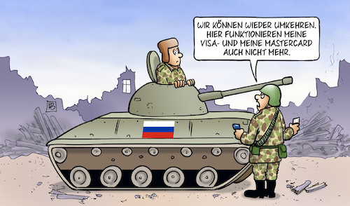 Cartoon: Russische Mastercard (medium) by Harm Bengen tagged umkehren,visacard,mastercard,bankkarte,kredit,soldaten,panzer,putin,russland,ukraine,krieg,einmarsch,angriff,harm,bengen,cartoon,karikatur,umkehren,visacard,mastercard,bankkarte,kredit,soldaten,panzer,putin,russland,ukraine,krieg,einmarsch,angriff,harm,bengen,cartoon,karikatur