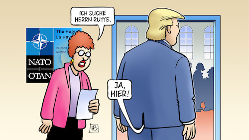 Cartoon: Rutte-Komplimente (medium) by Harm Bengen tagged generalsekretär,rutte,trump,hintern,nato,gipfel,rüstung,verteidigungsausgaben,harm,bengen,cartoon,karikatur,generalsekretär,rutte,trump,hintern,nato,gipfel,rüstung,verteidigungsausgaben,harm,bengen,cartoon,karikatur