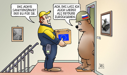 Cartoon: Sanktions-Retouren (medium) by Harm Bengen tagged sanktionspaket,eu,retouren,postbote,paketbote,lieferung,bär,krieg,ukraine,russland,harm,bengen,cartoon,karikatur,sanktionspaket,eu,retouren,postbote,paketbote,lieferung,bär,krieg,ukraine,russland,harm,bengen,cartoon,karikatur