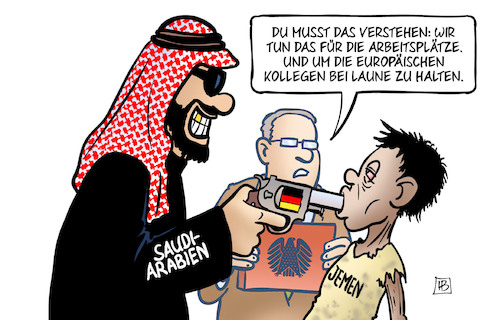 Cartoon: Saudi-Rüstungsexporte (medium) by Harm Bengen tagged saudi,arabien,jemen,krieg,kinder,rüstungsexporte,waffen,deutschland,europa,arbeitsplätze,wirtschaft,khashoggi,mord,bundessicherheitsrat,harm,bengen,cartoon,karikatur,saudi,arabien,jemen,krieg,kinder,rüstungsexporte,waffen,deutschland,europa,arbeitsplätze,wirtschaft,khashoggi,mord,bundessicherheitsrat,harm,bengen,cartoon,karikatur