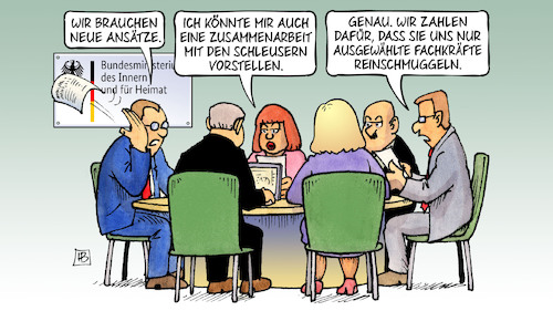 Cartoon: Schleuser und Fachkräfte (medium) by Harm Bengen tagged innenministerium,sitzung,zusammenarbeit,schleuser,fachkräfte,migration,flüchtlinge,harm,bengen,cartoon,karikatur,innenministerium,sitzung,zusammenarbeit,schleuser,fachkräfte,migration,flüchtlinge,harm,bengen,cartoon,karikatur