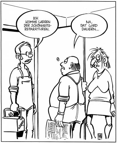 Cartoon: Schönheitsreparaturen (medium) by Harm Bengen tagged schönheitsreparatur,schönheit,reparatur,wohnung,handwerker,tochter,frau,ehefrau,werkzeug,maler,wand,vater,hässlich,mann,ehemann,häßlich,beziehung,partnerschaft,aussehen,image,missverständnis,irrtum,wohnen,renovieren,schönheitsoperation,ästhetische chirurgie,behandlung,chirurgie,chirurg,chirurgischer eingriff,facelift,gesichtskorrektur,idealbild,körper,korrektur,kosmetik,kosmetische operation,modifikation,operation,plastische chirurgie,schönheitschirurg,schönheitschirurgie,schönheitsideal,selbstbewusstsein,selbstwertgefühl,verschönerung,reperatur,mieter,ästhetische,chirurgischer,eingriff,kosmetische,plastische