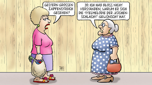 Cartoon: Scholz-Zapfenstreich (medium) by Harm Bengen tagged grosser,zapfenstreich,kanzler,verabschiedung,scholz,musikwünsche,titelmelodie,küchenschlacht,kochshow,susemil,jutta,harm,bengen,cartoon,karikatur,grosser,zapfenstreich,kanzler,verabschiedung,scholz,musikwünsche,titelmelodie,küchenschlacht,kochshow,susemil,jutta,harm,bengen,cartoon,karikatur