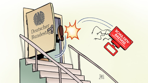 Cartoon: Schuldenbremse raus (medium) by Harm Bengen tagged tür,treppe,rauswurf,grundgesetzänderung,schuldenpaket,sondervermögen,bundestag,schuldenbremse,harm,bengen,cartoon,karikatur,tür,treppe,rauswurf,grundgesetzänderung,schuldenpaket,sondervermögen,bundestag,schuldenbremse,harm,bengen,cartoon,karikatur