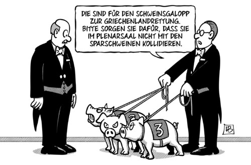 Cartoon: Schweinsgalopp (medium) by Harm Bengen tagged schweinsgalopp,schweine,rennen,plenarsaal,sparschweine,bundestag,debatte,diener,saaldiener,rettungspaket,griechenrettung,griechland,eurokrise,schulden,staatsbankrott,bankenkrise,schuldenschnitt,hilfskredite,staatsanleihen,rückkauf,harm,bengen,cartoon,karikatur