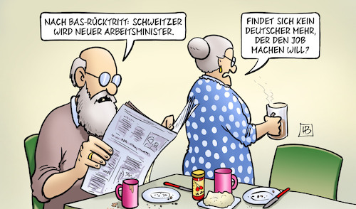 Cartoon: Schweitzer Arbeitsminister (medium) by Harm Bengen tagged bärbel,bas,rücktritt,schweitzer,schweizer,arbeitsministerin,spd,vorsitzende,job,susemil,harm,bengen,cartoon,karikatur,bärbel,bas,rücktritt,schweitzer,schweizer,arbeitsministerin,spd,vorsitzende,job,susemil,harm,bengen,cartoon,karikatur
