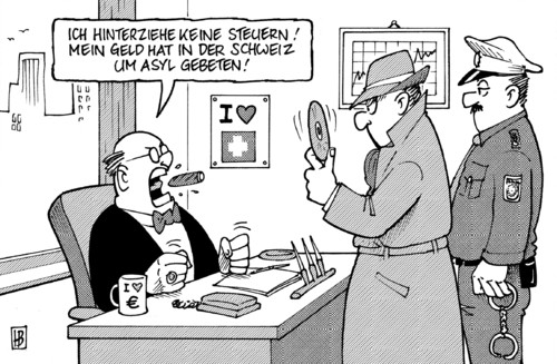Cartoon: Schweizer Asyl (medium) by Harm Bengen tagged schweiz,asyl,steuer,steuerhinterziehung,steuerfahndung,betrug,datenankauf,cd,finanzminister,schäuble,merkel,zigarre,geld,kapitalist,polizist,festnahme