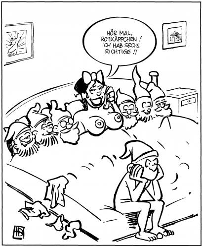 Cartoon: Sechs Richtige (medium) by Harm Bengen tagged märchen,schneewittchen,sieben zwerge,kinder,geschichte,lotto,beziehung,partnerschaft,liebe,sexualität,sehnsucht,wunsch,traum,gruppensex,mann,frau,männer,frauen,polygamie,sieben,zwerge