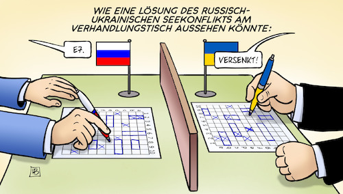 Cartoon: Seekonflikt (medium) by Harm Bengen tagged lösung,seekonflikt,verhandlungstisch,russland,ukraine,schiffe,versenken,krim,spielen,harm,bengen,cartoon,karikatur,lösung,seekonflikt,verhandlungstisch,russland,ukraine,schiffe,versenken,krim,spielen,harm,bengen,cartoon,karikatur