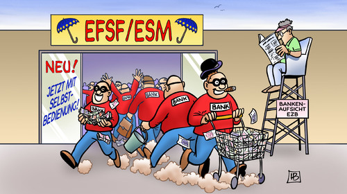 Cartoon: Selbstbedienung (medium) by Harm Bengen tagged efsf,esm,selbstbedienung,neu,bankenaufsicht,ezb,euro,eurokrise,gipfel,krise,wirtschaft,banken,verbrecher,panzerknacker,geld,einkaufen,rettung,rettungsschirm,merkel,bruessel,esm,efsf,ezb,euro,eurokrise,gipfel,krise,rettungsschirm,brüssel