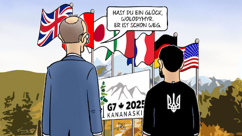 Cartoon: Selenskyj bei G7 (medium) by Harm Bengen tagged glück,wolodymyr,selensky,merz,abreise,kananaskis,kanada,canada,g7,gipfel,summit,trump,usa,fahnen,flags,harm,bengen,cartoon,karikatur,glück,wolodymyr,selensky,merz,abreise,kananaskis,kanada,canada,g7,gipfel,summit,trump,usa,fahnen,flags,harm,bengen,cartoon,karikatur