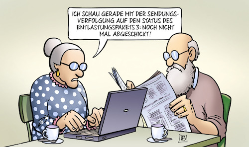 Cartoon: Sendungsstatus (medium) by Harm Bengen tagged sendungsverfolgung,paket,susemil,computer,laptop,status,entlastungspakets,soziales,armut,harm,bengen,cartoon,karikatur,sendungsverfolgung,paket,susemil,computer,laptop,status,entlastungspakets,soziales,armut,harm,bengen,cartoon,karikatur