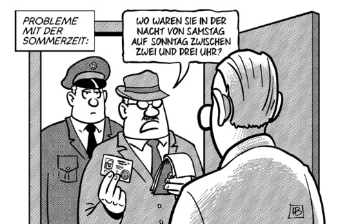 Cartoon: Sommerzeit 2015 (medium) by Harm Bengen tagged sommerzeit,uhrzeitumstellung,zeitumstellung,stunde,uhr,polizei,alibi,harm,bengen,cartoon,karikatur
