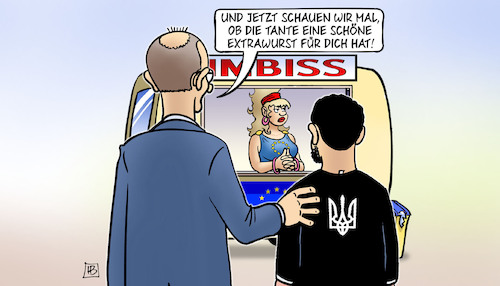 Cartoon: Sonderstatus für Ukraine (medium) by Harm Bengen tagged sonderstatus,ukraine,extrawurst,merz,selenskyj,imbiss,europa,eu,harm,bengen,cartoon,karikatur,sonderstatus,ukraine,extrawurst,merz,selenskyj,imbiss,europa,eu,harm,bengen,cartoon,karikatur