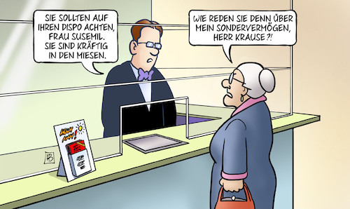 Cartoon: Sondervermögens-Dispo (medium) by Harm Bengen tagged dispo,susemil,miese,bank,sondervermögen,kredite,schulden,bundeswehr,russland,ukraine,krieg,harm,bengen,cartoon,karikatur,dispo,susemil,miese,bank,sondervermögen,kredite,schulden,bundeswehr,russland,ukraine,krieg,harm,bengen,cartoon,karikatur