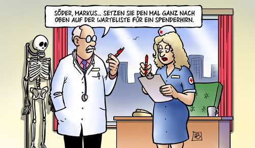 Cartoon: Spenderhirn (medium) by Harm Bengen tagged spenderhirn,organspendeskandal,skandal,leber,niere,herz,organe,hirn,gehirn,söder,markus,csu,populismus,arzt,krankenschwester,krankenhaus,spenderhirn,organspendeskandal,skandal,leber,niere,herz,organe,söder,markus,csu,populismus,krankenschwester