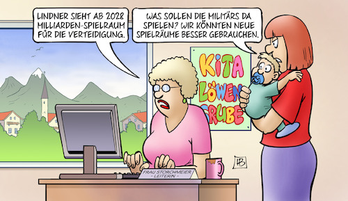 Cartoon: Spielräume (medium) by Harm Bengen tagged lindner,milliarden,spielraum,haushalt,verteidigung,militärs,spielen,spielräume,kita,kinder,soziales,ruestung,harm,bengen,cartoon,karikatur,lindner,milliarden,spielraum,haushalt,verteidigung,militärs,spielen,spielräume,kita,kinder,soziales,ruestung,harm,bengen,cartoon,karikatur