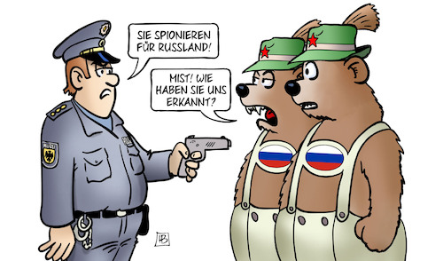 Cartoon: Spione in Bayern (medium) by Harm Bengen tagged spionieren,sabotage,polizei,polizist,verhaftung,pistole,bayern,lederhosen,baeren,russland,spionage,harm,bengen,cartoon,karikatur,spionieren,sabotage,polizei,polizist,verhaftung,pistole,bayern,lederhosen,baeren,russland,spionage,harm,bengen,cartoon,karikatur