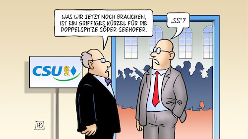 Cartoon: Spitzen-Kürzel (medium) by Harm Bengen tagged söder,seehofer,csu,ministerpräsident,parteivorsitzender,wechsel,kürzel,doppelspitze,ss,harm,bengen,cartoon,karikatur,söder,seehofer,csu,ministerpräsident,parteivorsitzender,wechsel,kürzel,doppelspitze,ss,harm,bengen,cartoon,karikatur