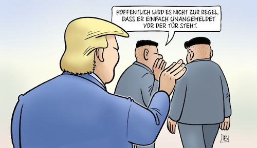 Cartoon: Spontanbesuch (medium) by Harm Bengen tagged spontanbesuch,regel,plage,unangemeldet,trump,kim,jong,un,usa,nordkorea,harm,bengen,cartoon,karikatur,spontanbesuch,regel,plage,unangemeldet,trump,kim,jong,un,usa,nordkorea,harm,bengen,cartoon,karikatur