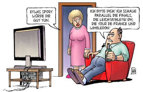 Cartoon: Sport satt (medium) by Harm Bengen tagged sport,tv,mann,frau,parallel,finals,dm,leichtathletik,tour,de,france,wimbledon,tennis,faul,unsportlich,harm,bengen,cartoon,karikatur,sport,tv,mann,frau,parallel,finals,dm,leichtathletik,tour,de,france,wimbledon,tennis,faul,unsportlich,harm,bengen,cartoon,karikatur