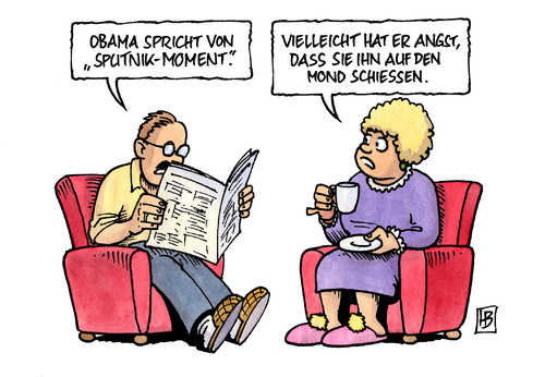 Cartoon: Sputnik-Moment (medium) by Harm Bengen tagged obama,sputnik,moment,usa,udssr,russland,mond,angst,rede,nation,wettlauf,barack obama,sputnik,moment,usa,udssr,russland,mond,angst,wettlauf,barack,obama