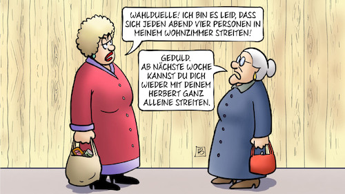 Cartoon: Streit im Wohnzimmer (medium) by Harm Bengen tagged wahlduelle,wahlkampf,tv,abend,vier,personen,wohnzimmer,streiten,bundestagswahl,jutta,zaun,susemil,harm,bengen,cartoon,karikatur,wahlduelle,wahlkampf,tv,abend,vier,personen,wohnzimmer,streiten,bundestagswahl,jutta,zaun,susemil,harm,bengen,cartoon,karikatur