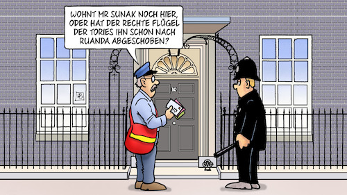 Cartoon: Sunak und Ruanda (medium) by Harm Bengen tagged gb,uk,sunak,rechter,flügel,tories,abschiebung,abschiebegesetz,ruanda,post,briefträger,polizist,downing,street,bobby,harm,bengen,cartoon,karikatur,gb,uk,sunak,rechter,flügel,tories,abschiebung,abschiebegesetz,ruanda,post,briefträger,polizist,downing,street,bobby,harm,bengen,cartoon,karikatur