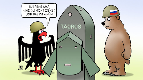 Cartoon: Taurus-Sichtbarkeit (medium) by Harm Bengen tagged taurus,russland,ukraine,deutschland,waffenlieferungen,stahlhelm,adler,baer,krieg,harm,bengen,cartoon,karikatur,taurus,russland,ukraine,deutschland,waffenlieferungen,stahlhelm,adler,baer,krieg,harm,bengen,cartoon,karikatur