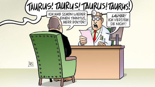 Cartoon: Taurus-Tinnitus (medium) by Harm Bengen tagged tinnitus,doktor,arzt,taurus,marschflugkoerper,olaf,scholz,laut,russland,ukraine,krieg,harm,bengen,cartoon,karikatur,tinnitus,doktor,arzt,taurus,marschflugkoerper,olaf,scholz,laut,russland,ukraine,krieg,harm,bengen,cartoon,karikatur