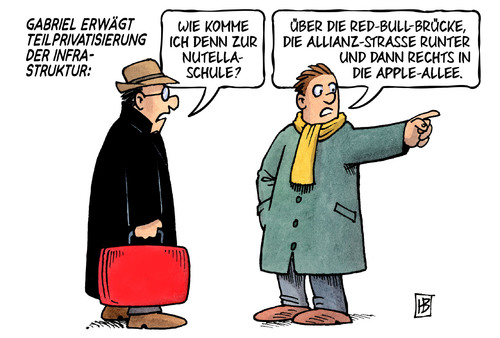 Cartoon: Teilprivatisierung (medium) by Harm Bengen tagged gabriel,wirtschaftsminister,teilprivatisierung,privatisierung,infrastruktur,nutella,schule,redbull,brücke,allianz,strasse,apple,allee,harm,bengen,cartoon,karikatur,gabriel,wirtschaftsminister,teilprivatisierung,privatisierung,infrastruktur,nutella,schule,redbull,brücke,allianz,strasse,apple,allee,harm,bengen,cartoon,karikatur