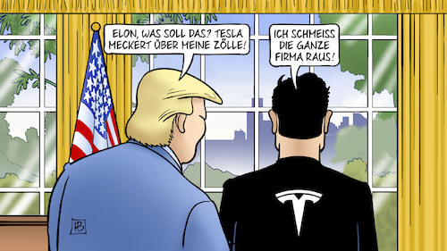 Cartoon: Tesla meckert (medium) by Harm Bengen tagged elon,musk,tesla,zoll,zölle,firma,entlassungen,trump,oval,office,usa,harm,bengen,cartoon,karikatur,elon,musk,tesla,zoll,zölle,firma,entlassungen,trump,oval,office,usa,harm,bengen,cartoon,karikatur