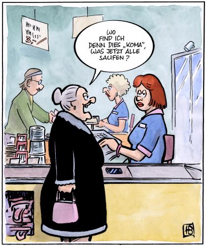 Cartoon: the return of the kiffer-oma! (medium) by Harm Bengen tagged oma,koma,saufen,the,einkaufen,laden,einkaufsladen,supermarkt,oma,frau,kasse,kunde,kassiererin,alkohol,jugend,jugendliche,trend,gesundheit,koma,rausch,freizeit,trinken,drogen,generation,alkoholismus,suff,wetttrinken,alkopops,schnaps,wein,bier,bewußtlosigkeit,intensivstation,lebensgefahr,leber,promille,volltrunken,vollrausch,minderjährig,großmutter,alte,jungbrunnen,leberschaden,hirnschädigung,zellensterben,verdummung