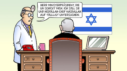 Cartoon: Tollwut (medium) by Harm Bengen tagged ministerpräsident,un,netanjahu,hisbollah,nasrallah,tollwut,untersuchen,prime,minister,examine,hezbollah,leader,rabies,arzt,harm,bengen,cartoon,karikatur,ministerpräsident,un,netanjahu,hisbollah,nasrallah,tollwut,untersuchen,prime,minister,examine,hezbollah,leader,rabies,arzt,harm,bengen,cartoon,karikatur