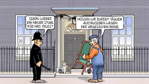 Cartoon: Tories und Truss (medium) by Harm Bengen tagged stuhl,truss,gb,uk,premierministerin,bobby,arbeiter,larry,cat,katze,kater,beine,downing,street,london,harm,bengen,cartoon,karikatur,stuhl,truss,gb,uk,premierministerin,bobby,arbeiter,larry,cat,katze,kater,beine,downing,street,london,harm,bengen,cartoon,karikatur