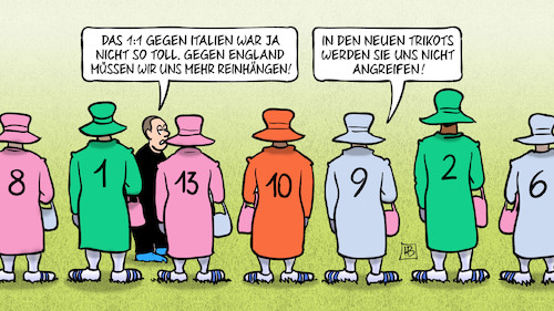 Cartoon: Trikots gegen England (medium) by Harm Bengen tagged deutschland,england,trikots,fussball,nationalmannschaft,flick,nations,league,queen,outfit,thronjubiläum,feiern,gb,uk,harm,bengen,cartoon,karikatur,deutschland,england,trikots,fussball,nationalmannschaft,flick,nations,league,queen,outfit,thronjubiläum,feiern,gb,uk,harm,bengen,cartoon,karikatur