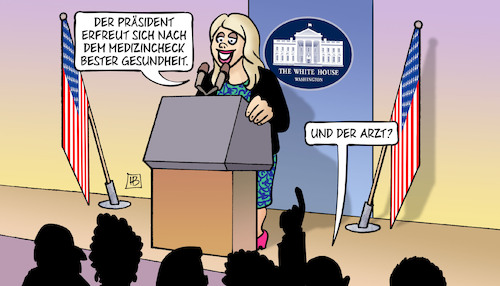Cartoon: Trump-Gesundheitscheck (medium) by Harm Bengen tagged usa,präsident,trump,gesundheitscheck,medizincheck,gesundheit,leavitt,pressesprecherin,weißes,haus,pressekonferenz,arzt,harm,bengen,cartoon,karikatur,usa,präsident,trump,gesundheitscheck,medizincheck,gesundheit,leavitt,pressesprecherin,weißes,haus,pressekonferenz,arzt,harm,bengen,cartoon,karikatur